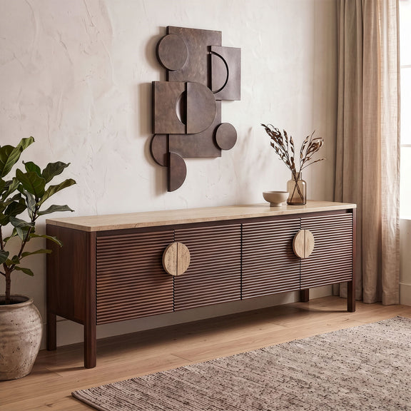 Varenna 69-inch media console with speckled marble top and three door/drawer fronts with round pulls