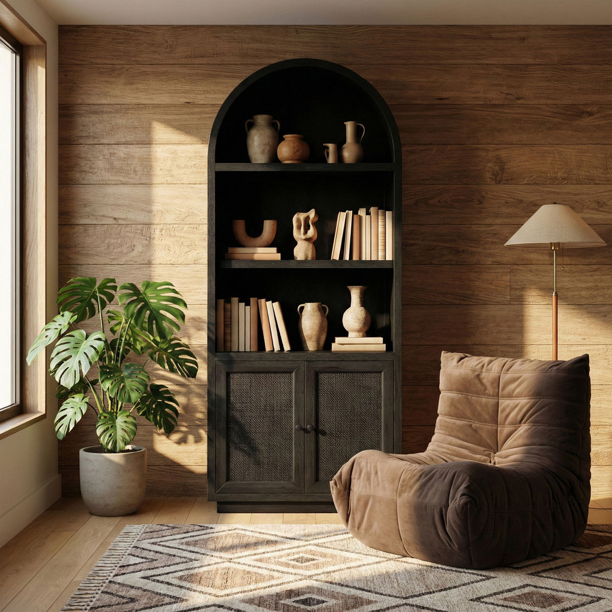 Black arched bookcase with open shelves and woven cabinet doors