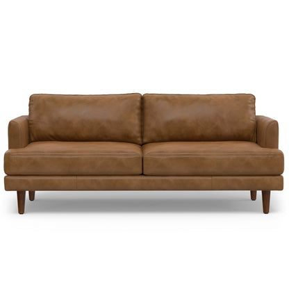 Upholstered sofa with two seat cushions, dark brown fabric, square arms, wooden legs
