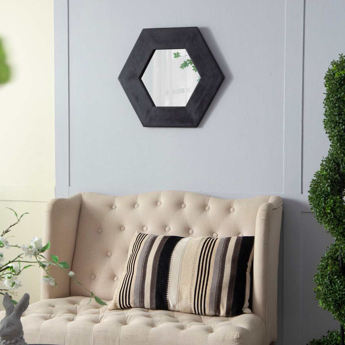Hexagon Mirror With Natural Wood Frame, Wall Decor For Living Room Bathroom Hallway
