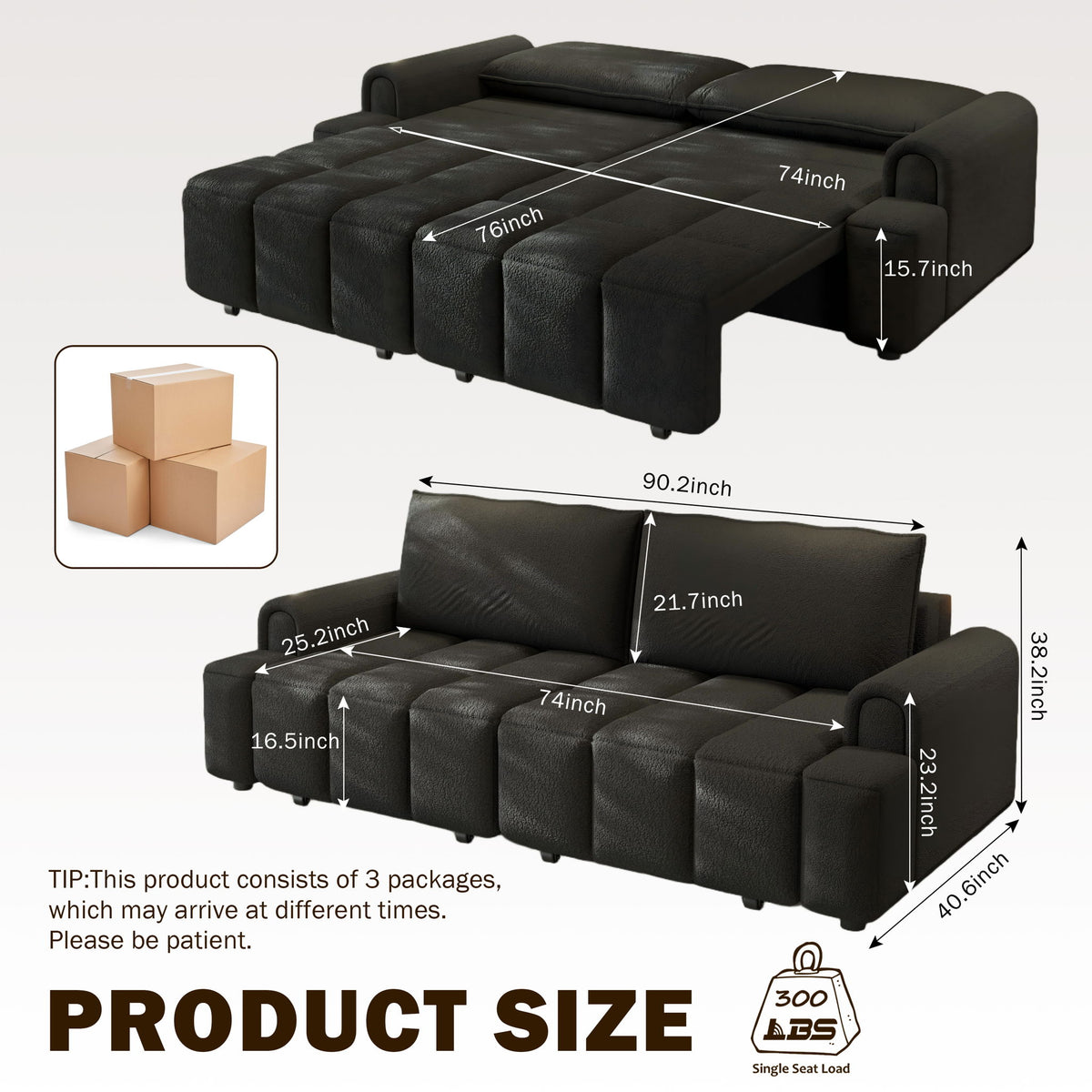 Black four-seat couch shown as a sofa and extended bed, with size measurements.