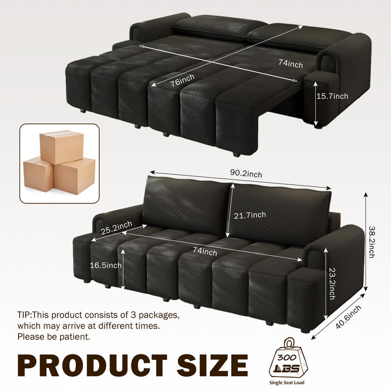 Black four-seat couch shown as a sofa and extended bed, with size measurements.