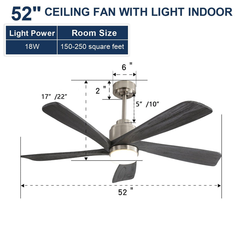 Ceiling fan with LED light, five dark blades, and size/dimension diagram.