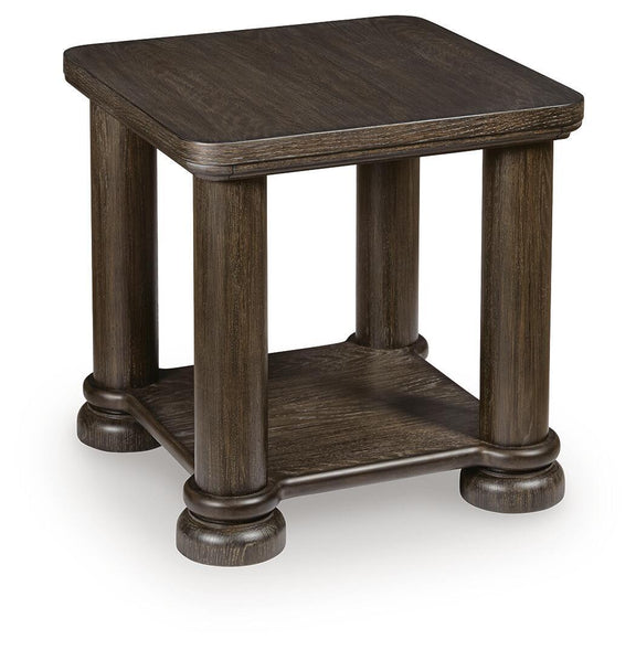 Dark brown rectangular end table with lower shelf and rounded-corner tabletop