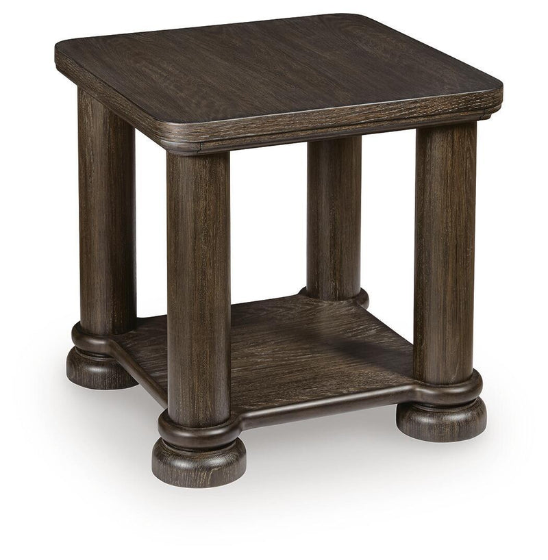 Dark brown rectangular end table with lower shelf and rounded-corner tabletop