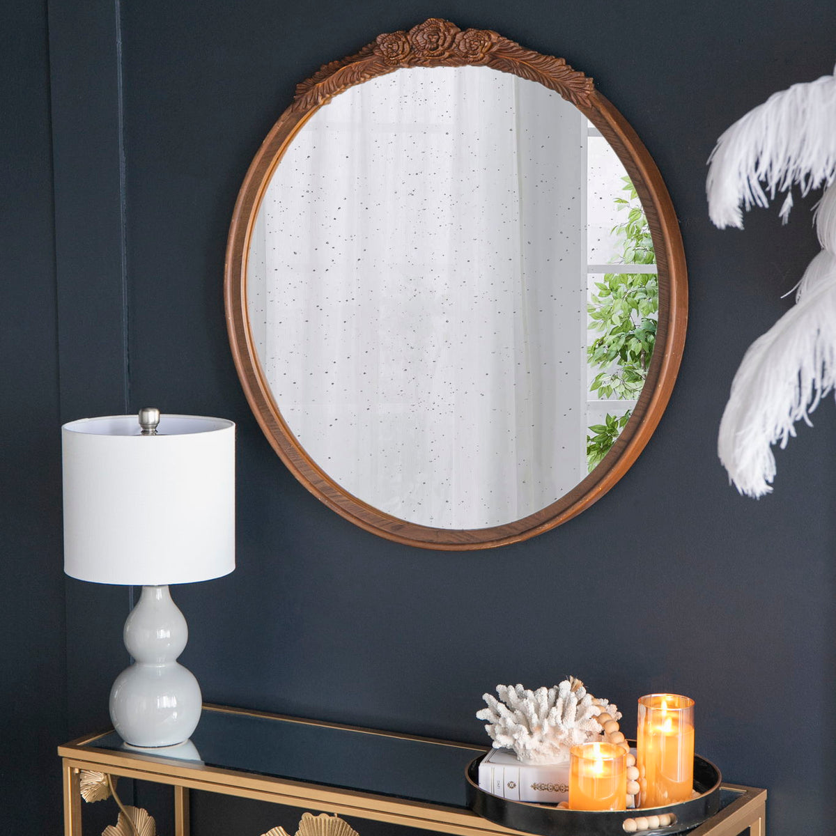Round Hand Carved Rose Antique Mirror Frame, Wall Mirror For Live Space