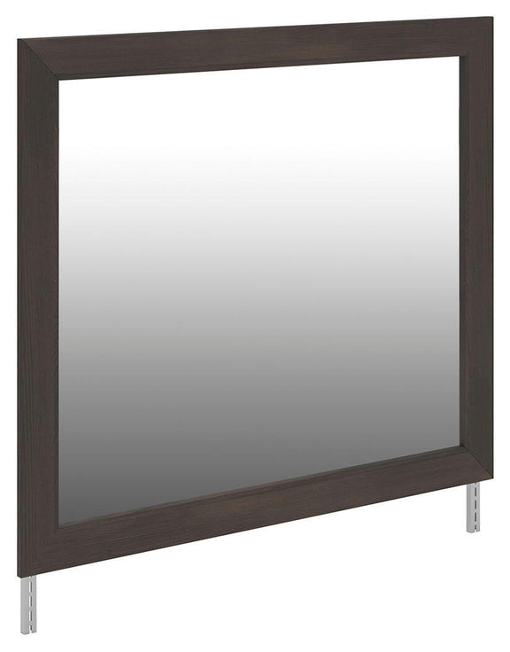 Dark brown bedroom mirror with rectangular frame and clear reflective glass surface