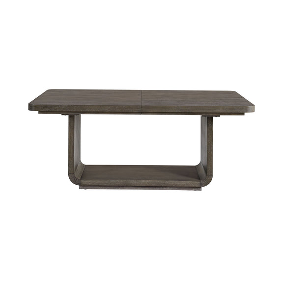 Rectangular dining table with leaf, dark gray wood, wide tabletop and lower shelf