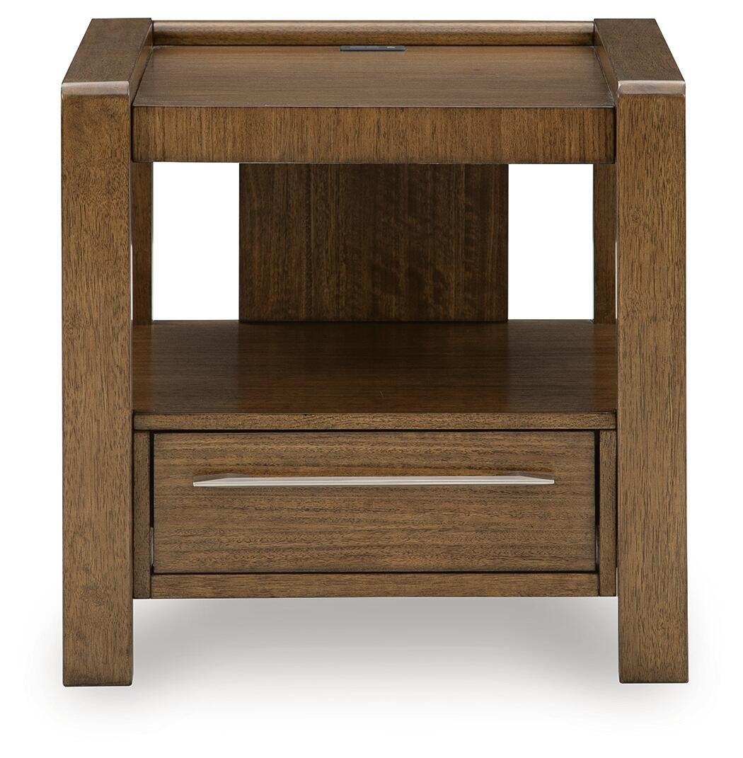 Brown square end table with open lower shelf and drawer with metal bar handle