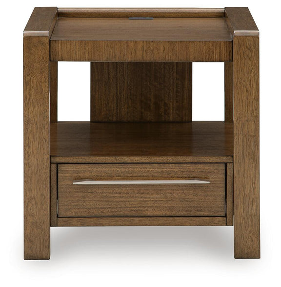 Brown square end table with open lower shelf and drawer with metal bar handle