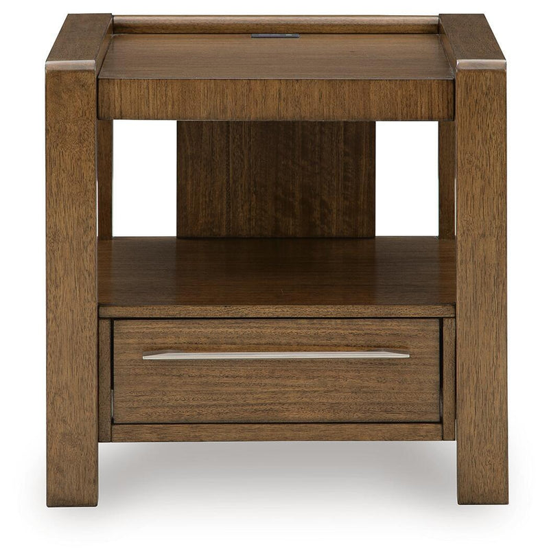 Brown square end table with open lower shelf and drawer with metal bar handle