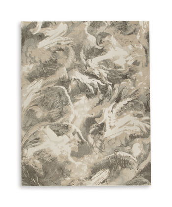Beige and gray abstract rug with swirling feather-like motif