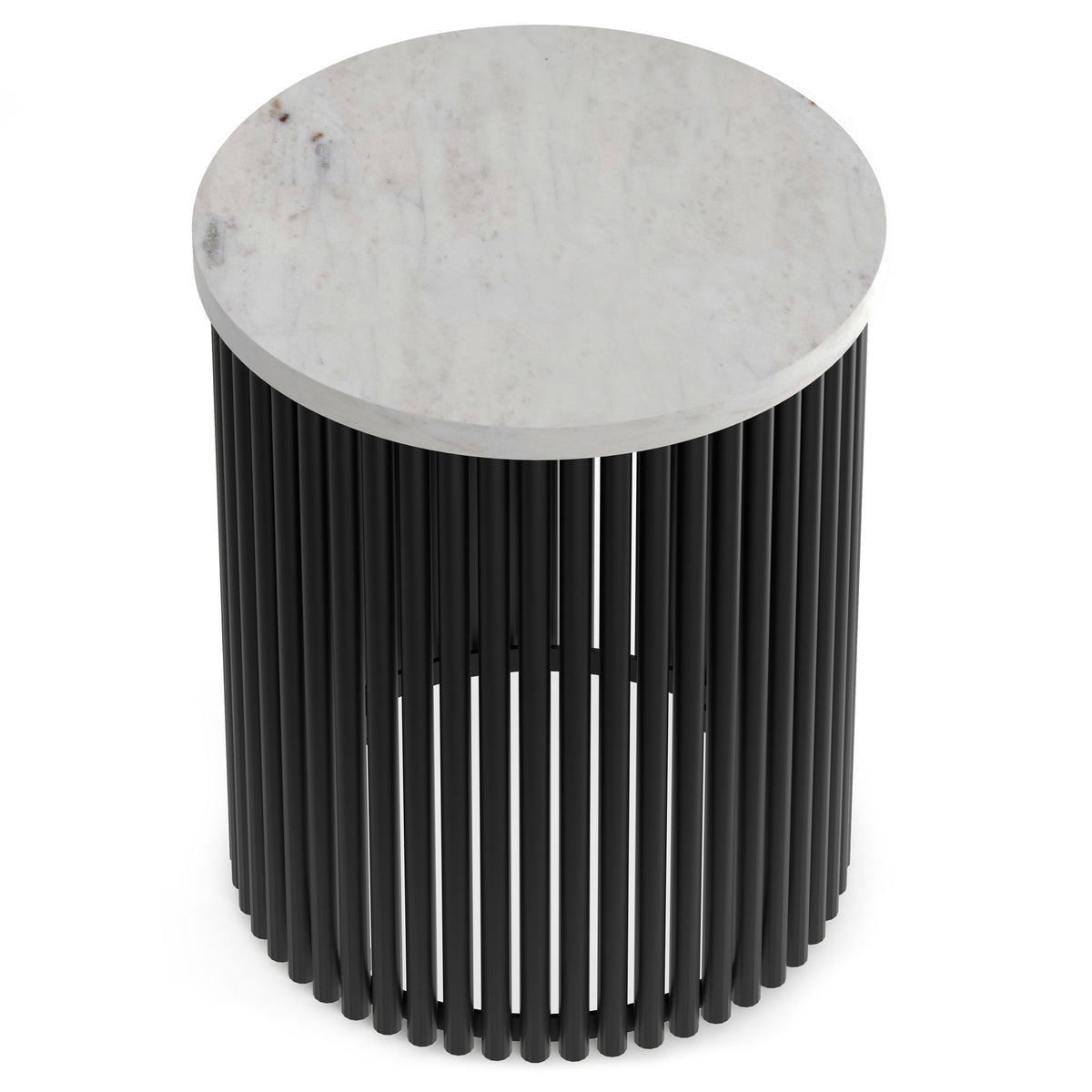 Black ribbed slatted accent table with light round stone-look top