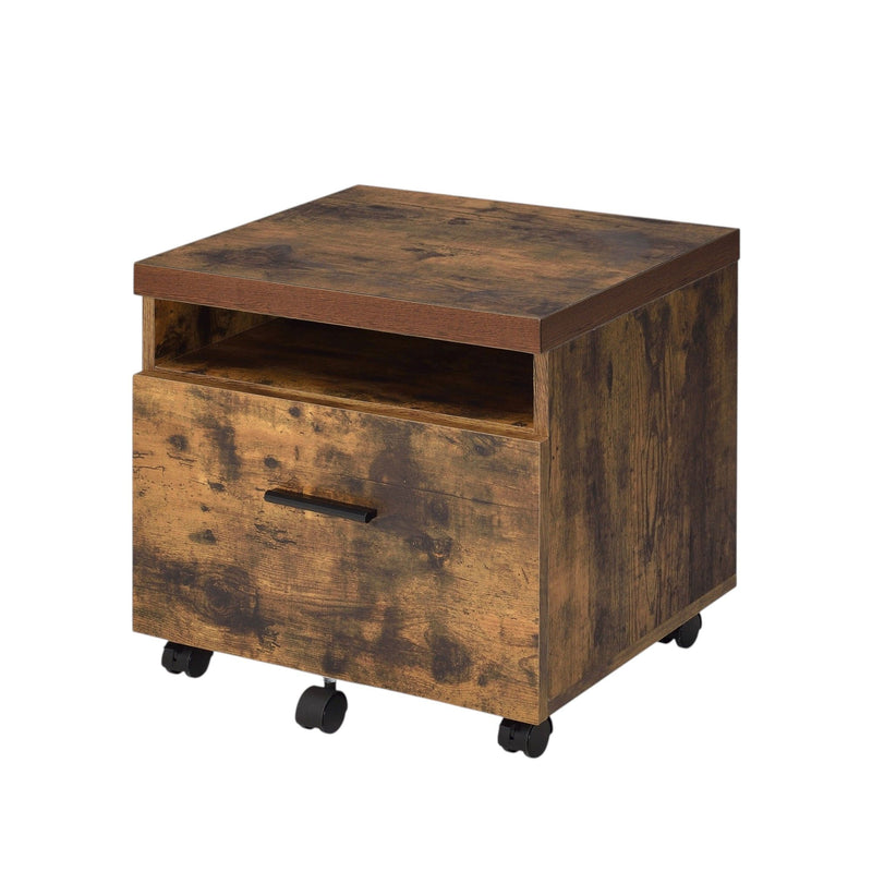 Weathered oak file cabinet with drawer, open shelf top, and black casters