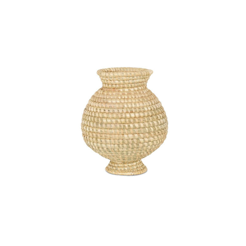 Woven natural fiber vase with flared rim and rounded belly, on pedestal base