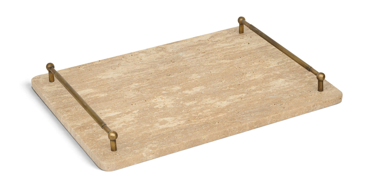 Beige travertine tray with four metal corner posts, rectangular with rounded edges.