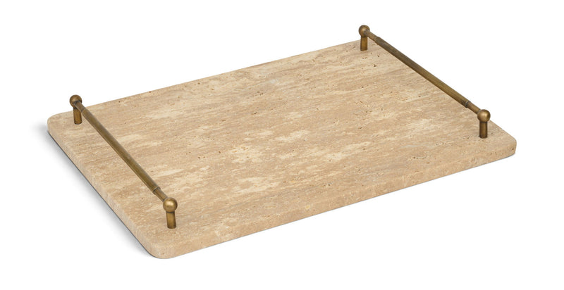 Beige travertine tray with four metal corner posts, rectangular with rounded edges.
