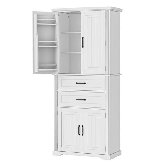 White storage cabinet with two doors and two drawers, with inner shelving