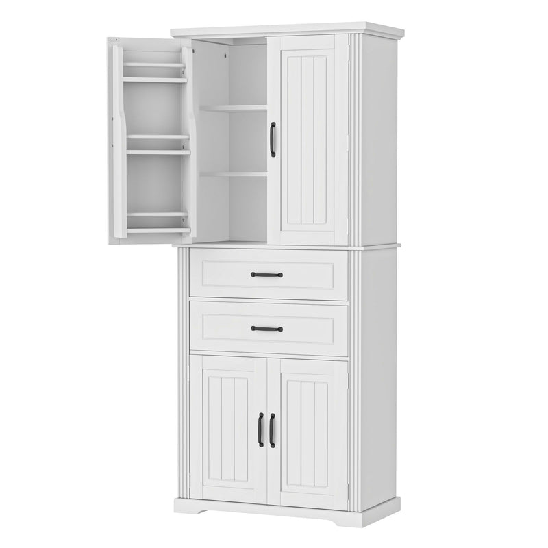 White storage cabinet with two doors and two drawers, with inner shelving
