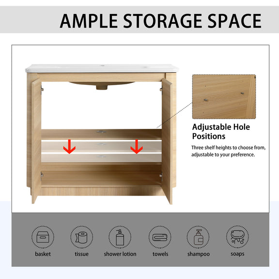 Freestanding bathroom vanity base with sink cabinet and adjustable interior shelf behind doors
