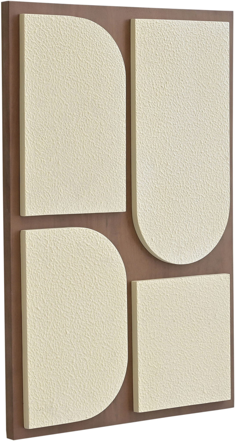 Mango wood 2-piece wall art with light wood frame and off-white abstract curved panels