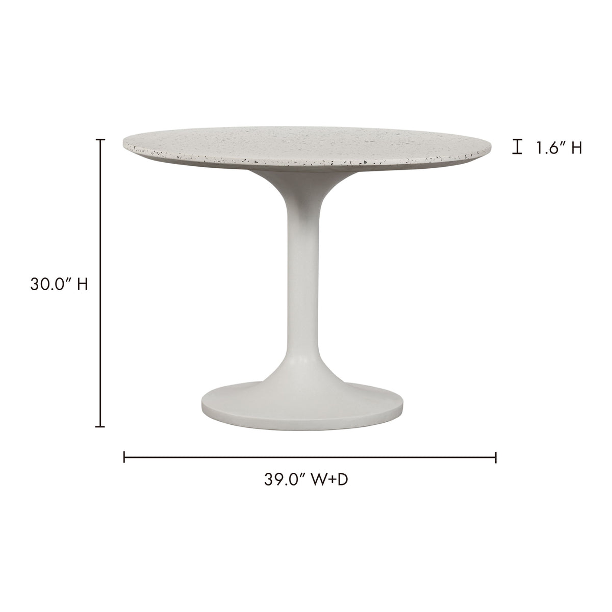 Pearl silver round cafe table dimensions: 30 in H, 39 in W x D