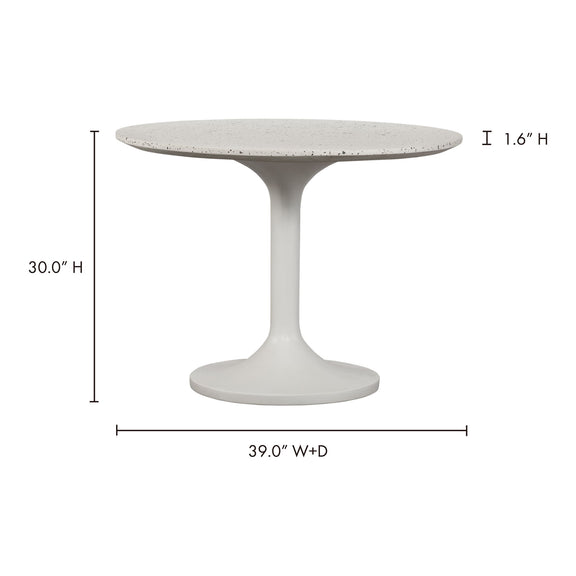 Pearl silver round cafe table dimensions: 30 in H, 39 in W x D