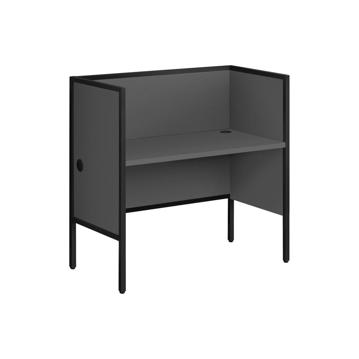 Dark gray office cubicle desk with corner work surface, side panel, and open storage shelf