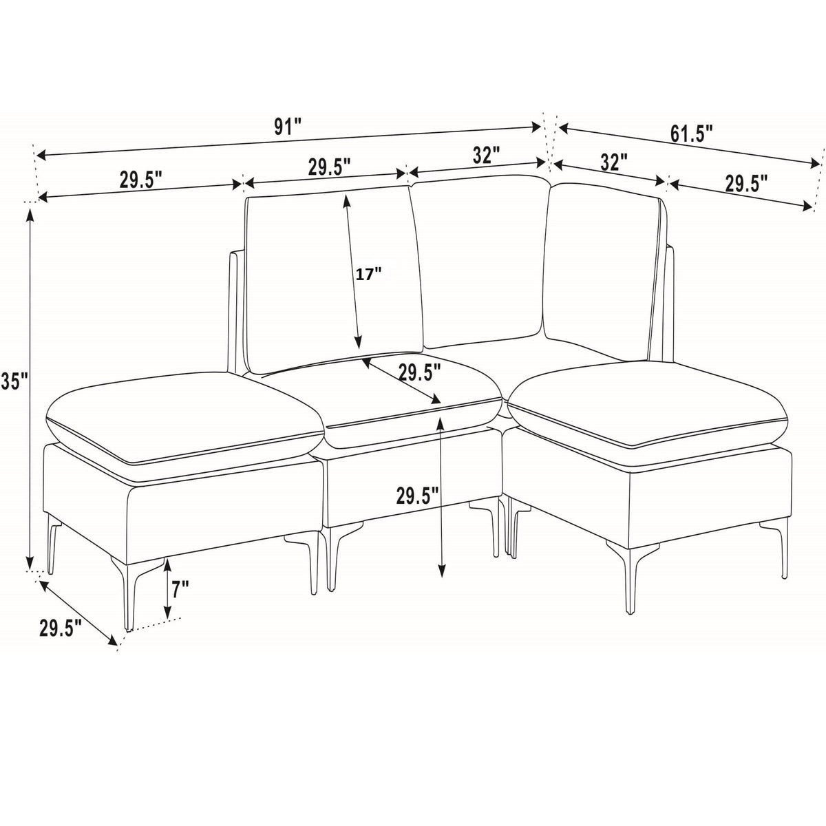 Modular upholstered sectional with tall legs and chaise corner; medium-firm seat dimensions