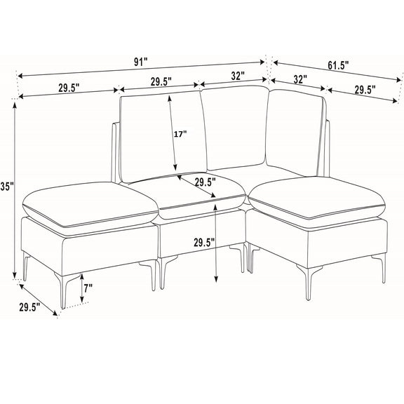 Modular upholstered sectional with tall legs and chaise corner; medium-firm seat dimensions