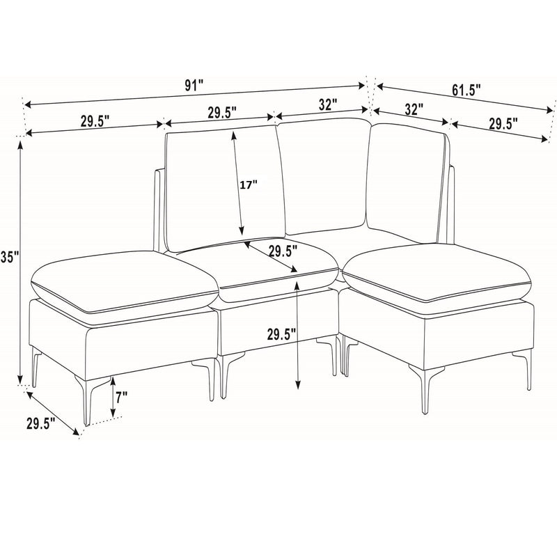Modular upholstered sectional with tall legs and chaise corner; medium-firm seat dimensions