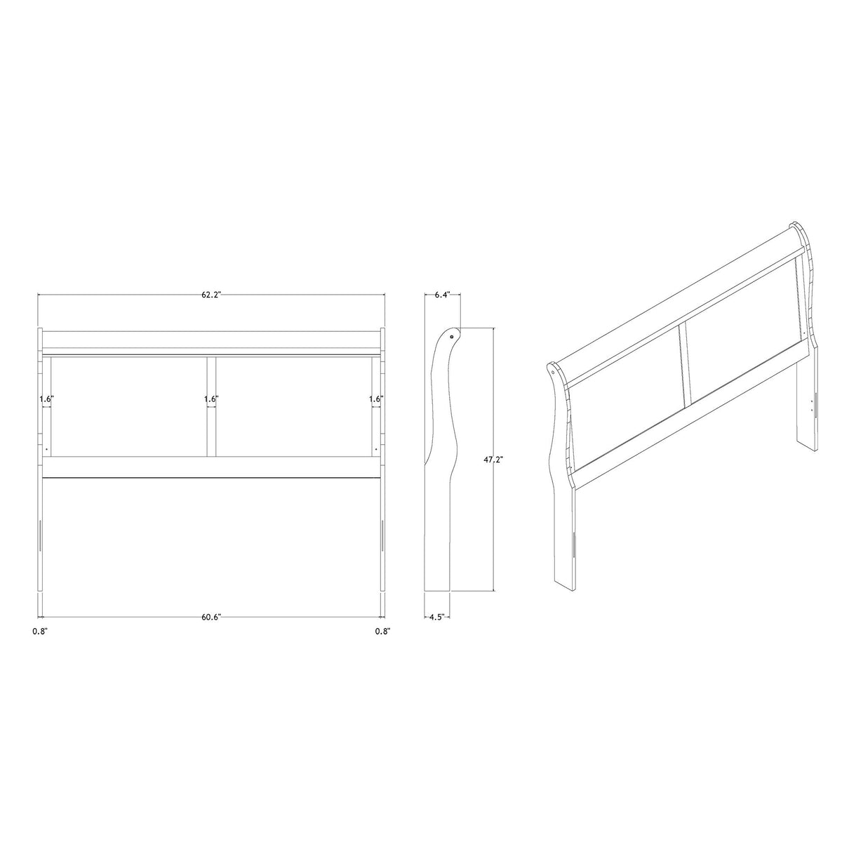 Bed dimensions line drawing showing width, height, and side profile