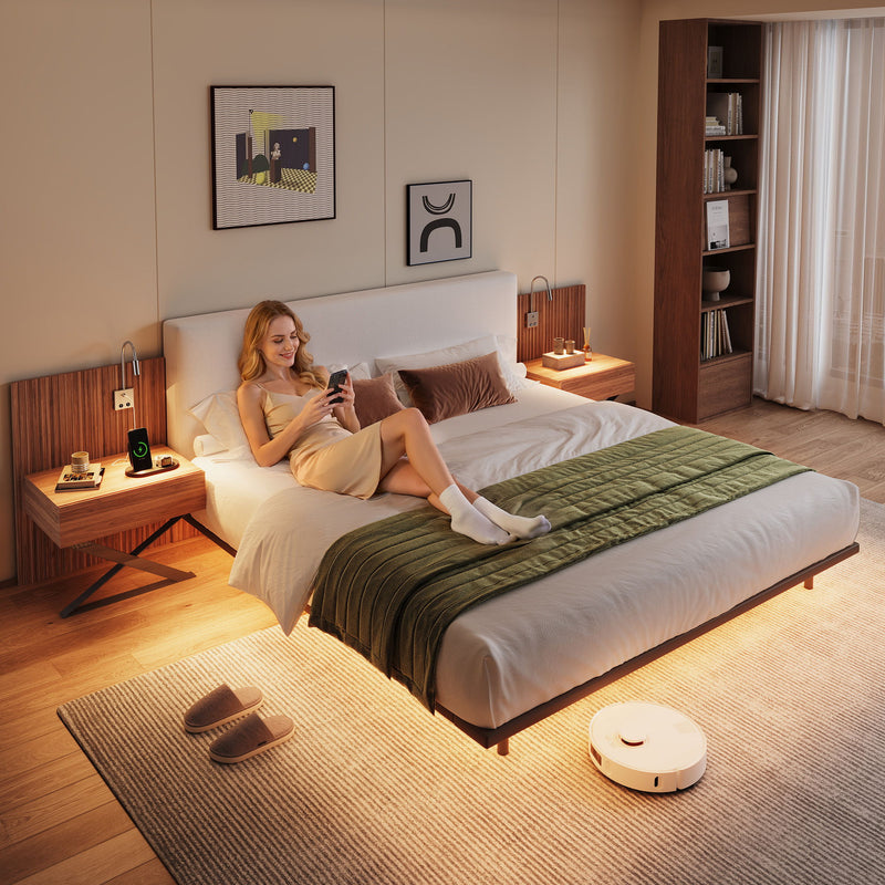 Floating King Size Bed With Integrated Side Tables And Smart Lighting - Beige Gray / White