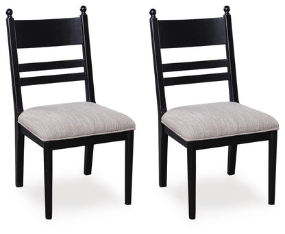 Set of 2 black dining side chairs with gray upholstered seats and ladder backs