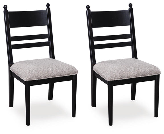 Set of 2 black dining side chairs with gray upholstered seats and ladder backs