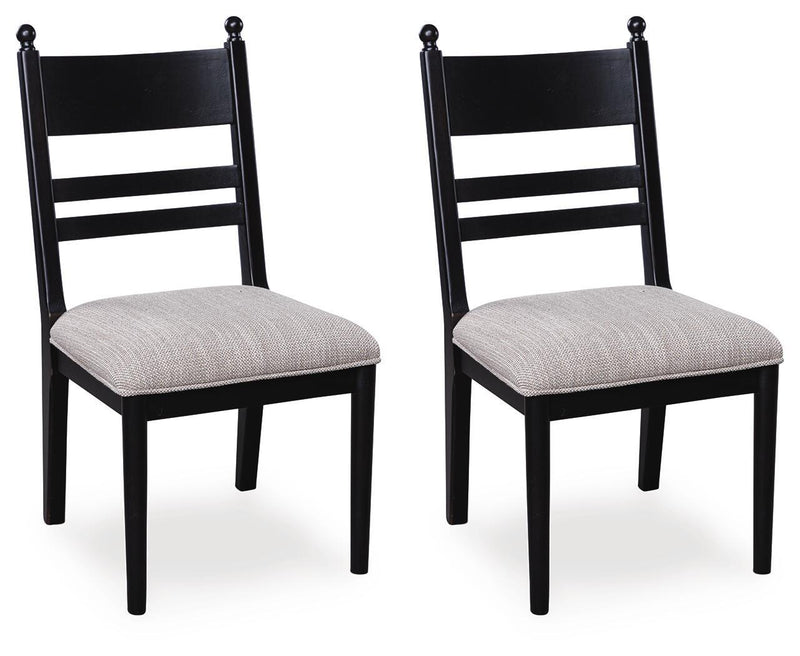 Set of 2 black dining side chairs with gray upholstered seats and ladder backs