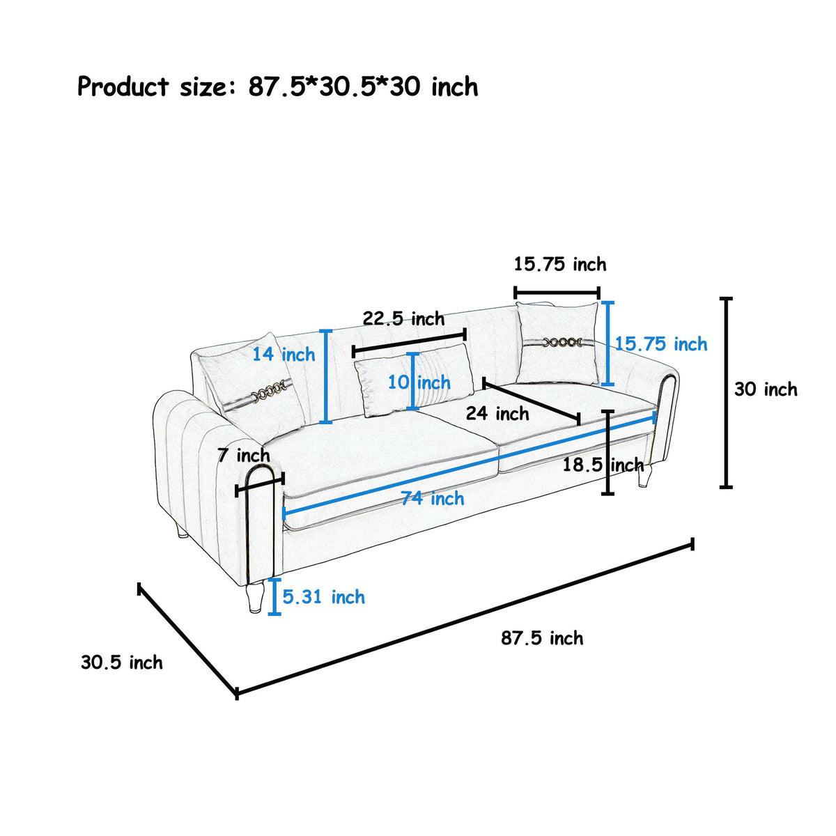 Three-seat sofa dimension diagram showing seat, arm, and overall measurements