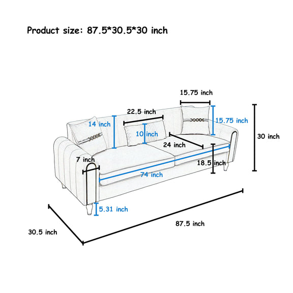 Three-seat sofa dimension diagram showing seat, arm, and overall measurements