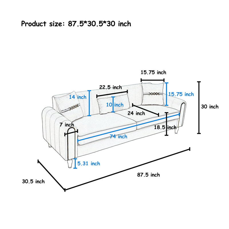 Three-seat sofa dimension diagram showing seat, arm, and overall measurements