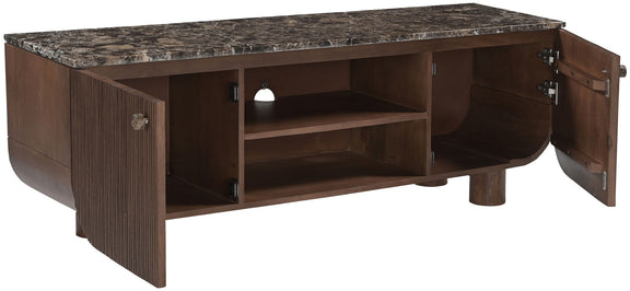 Dark brown mango wood media console with open side door and visible interior shelves