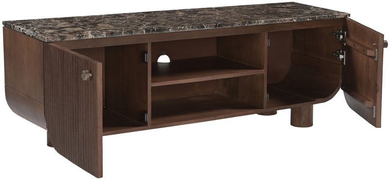 Dark brown mango wood media console with open side door and visible interior shelves