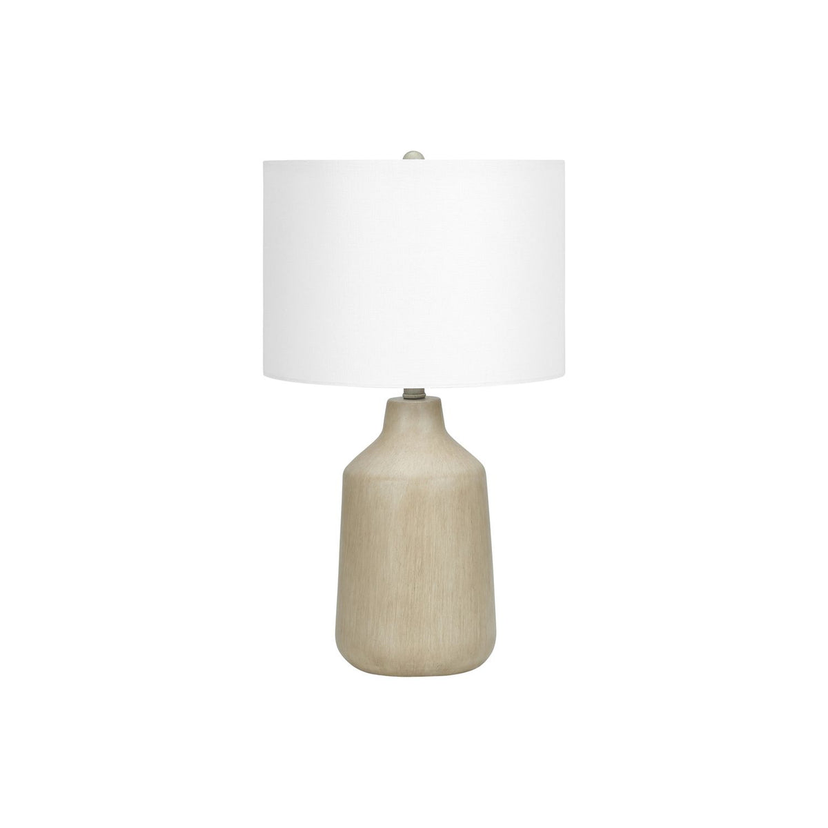 Beige concrete-style table lamp with white fabric drum shade