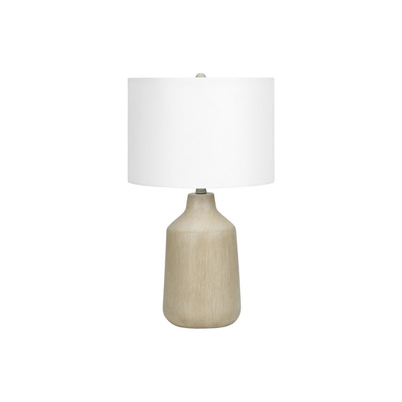 Beige concrete-style table lamp with white fabric drum shade