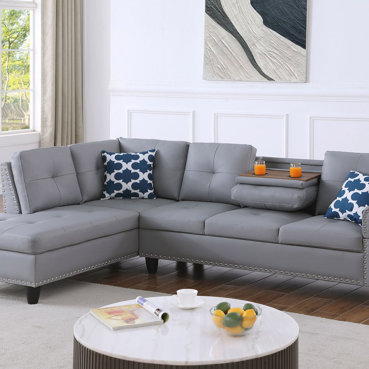Irine - Faux Leather Sectional Sofa With Ottoman - Gray
