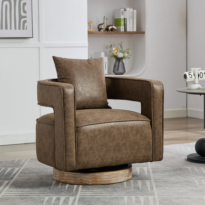 28.9'W Swivel Accent Open Back Barrel Chair Modern Comfy Sofa Chair With Weathered Base For Nursery Bedroom Living Room Hotel Office, Club Chair Leisure Arm Chair For Lounge, Coffee, PU Leather