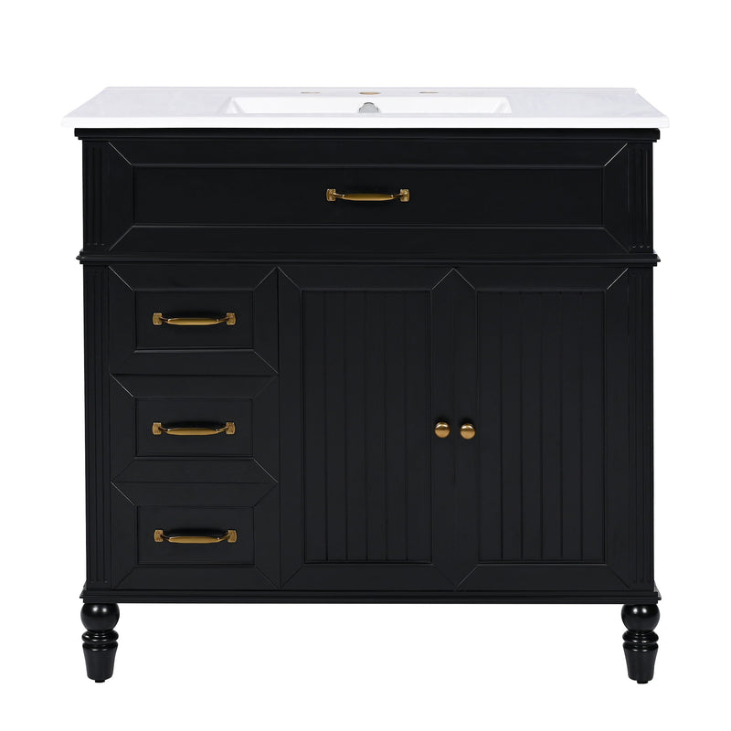 Black bathroom vanity with white countertop, 2 doors and multiple drawers, gold pulls