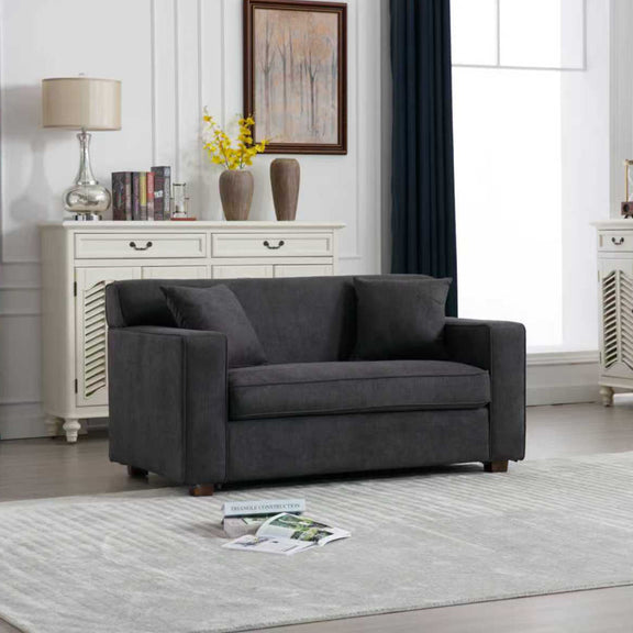 Gray 2-in-1 lounge chair with two throw pillows and cushioned armrests