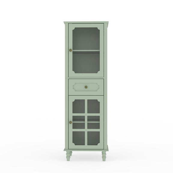 Green vintage curio cabinet with glass doors, one drawer, adjustable shelves and turned legs
