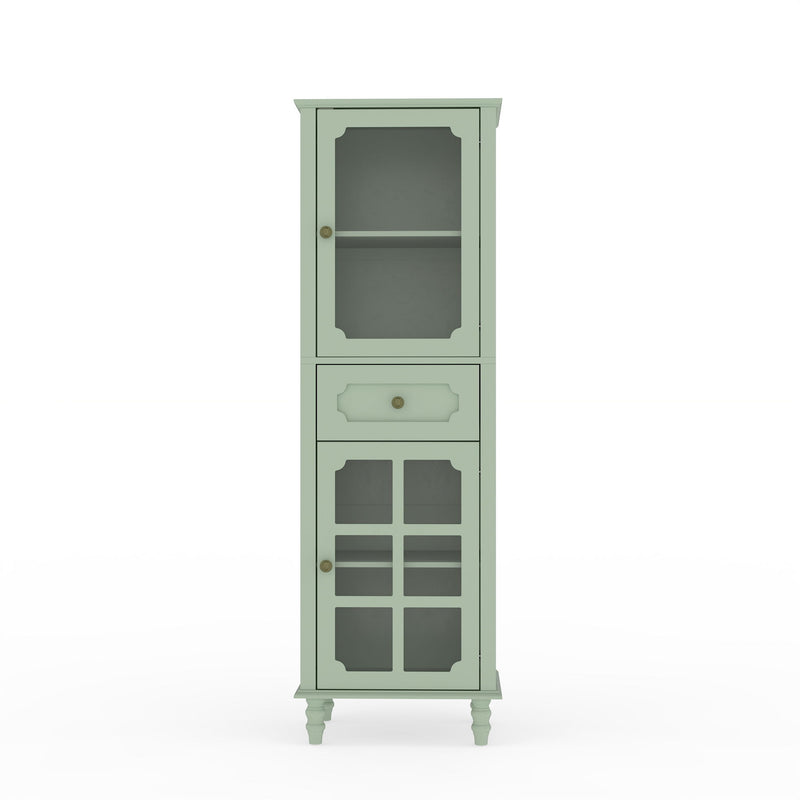Green vintage curio cabinet with glass doors, one drawer, adjustable shelves and turned legs