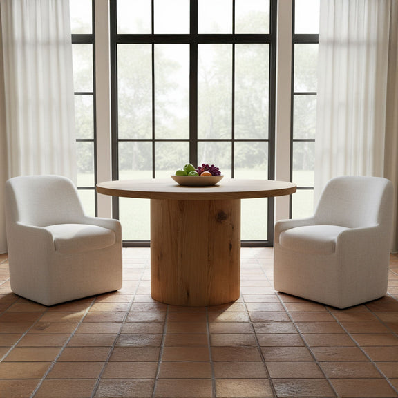 Pair of flecked oat rolling dining chairs with boxy seat and rounded armrests